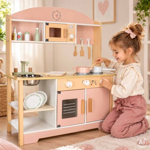 Kuchnia dla dzieci drewniana MDF MODERN CLASSIC akcesoria 81cm różowa