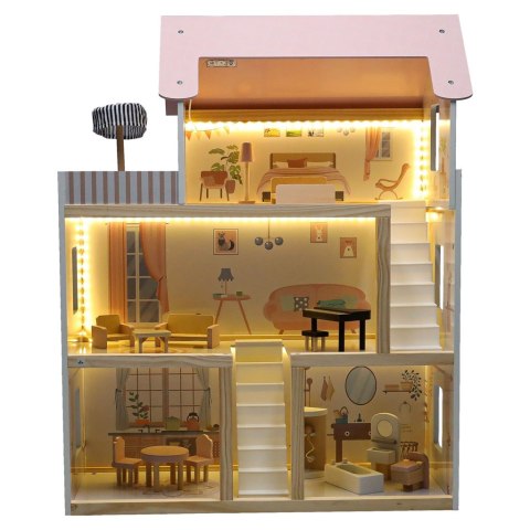 Domek dla lalek drewniany mebelki 78cm róż LED