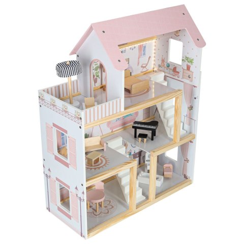 Domek dla lalek drewniany mebelki 78cm róż LED