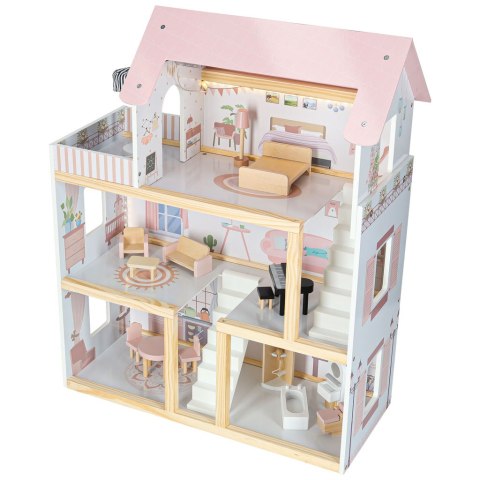 Domek dla lalek drewniany mebelki 78cm róż LED
