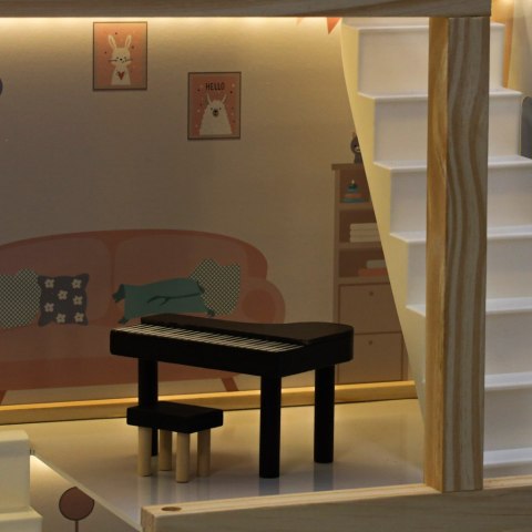 Domek dla lalek drewniany mebelki 78cm róż LED
