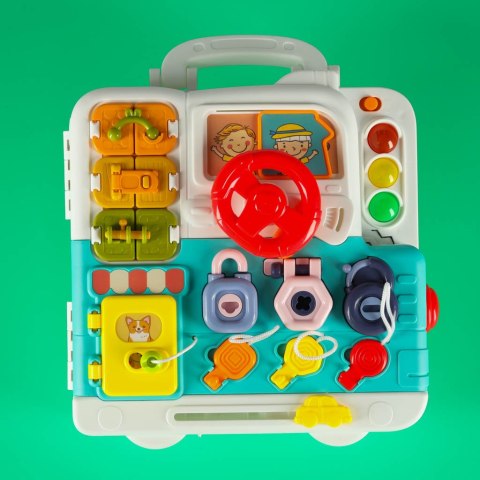 Tablica manipulacyjna sensoryczna montessori walizka pokrętła miś XXL światło dźwięk